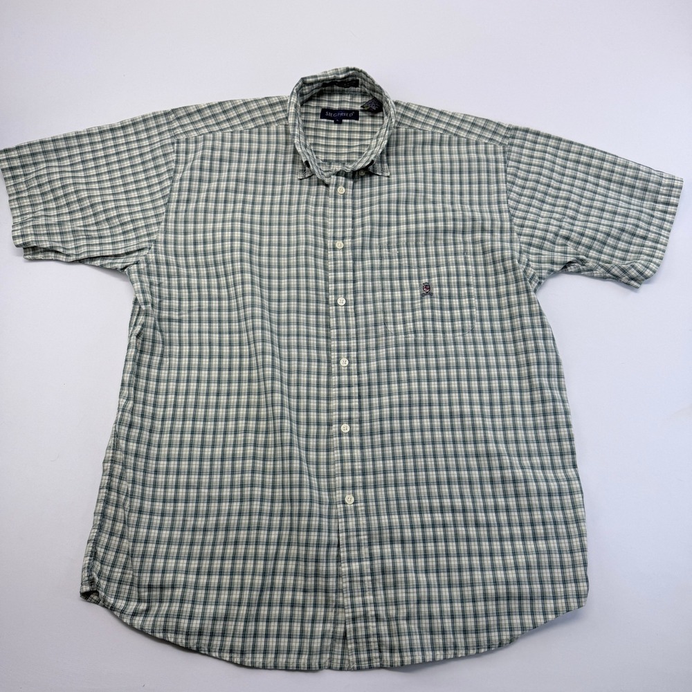 Siegfried Mens Large Green Blue Plaid Short Sleeve Button Down Shirt Crest Logo